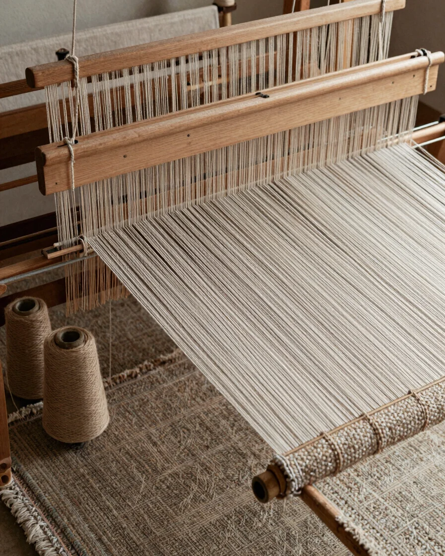 Editorial close-up of a loom mid-weave with yarn cones and a fini